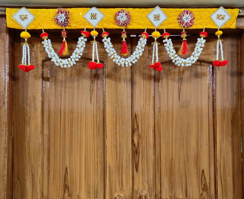 Crafonic Handmade Velvet Embroidery Lace Fabric Toran Wall Hanging for Main Door Entrance Indian Diwali Bandhawar Decorations Pooja DecorationYellow 38 inches - Image 1