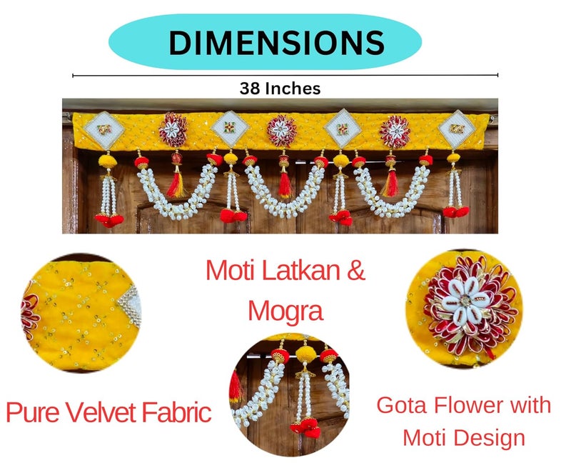 Crafonic Handmade Velvet Embroidery Lace Fabric Toran Wall Hanging for Main Door Entrance Indian Diwali Bandhawar Decorations Pooja DecorationYellow 38 inches - Image 3