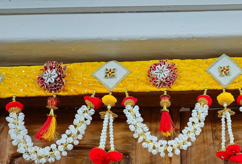 Crafonic Handmade Velvet Embroidery Lace Fabric Toran Wall Hanging for Main Door Entrance Indian Diwali Bandhawar Decorations Pooja DecorationYellow 38 inches - Image 5