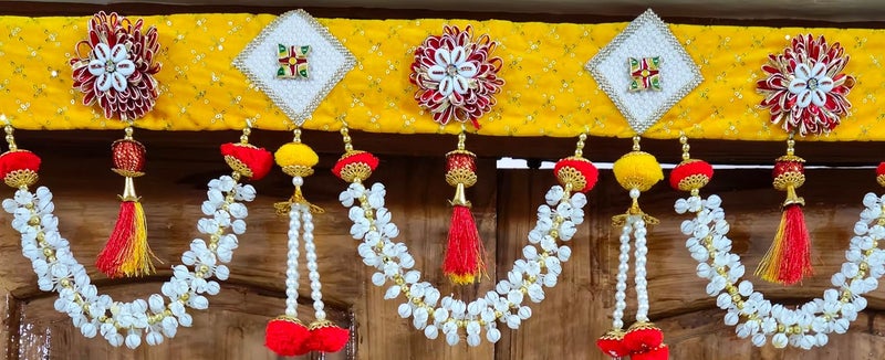 Crafonic Handmade Velvet Embroidery Lace Fabric Toran Wall Hanging for Main Door Entrance Indian Diwali Bandhawar Decorations Pooja DecorationYellow 38 inches - Image 2