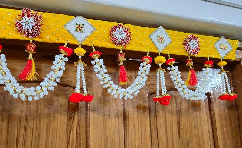 Crafonic Handmade Velvet Embroidery Lace Fabric Toran Wall Hanging for Main Door Entrance Indian Diwali Bandhawar Decorations Pooja DecorationYellow 38 inches - Image 4
