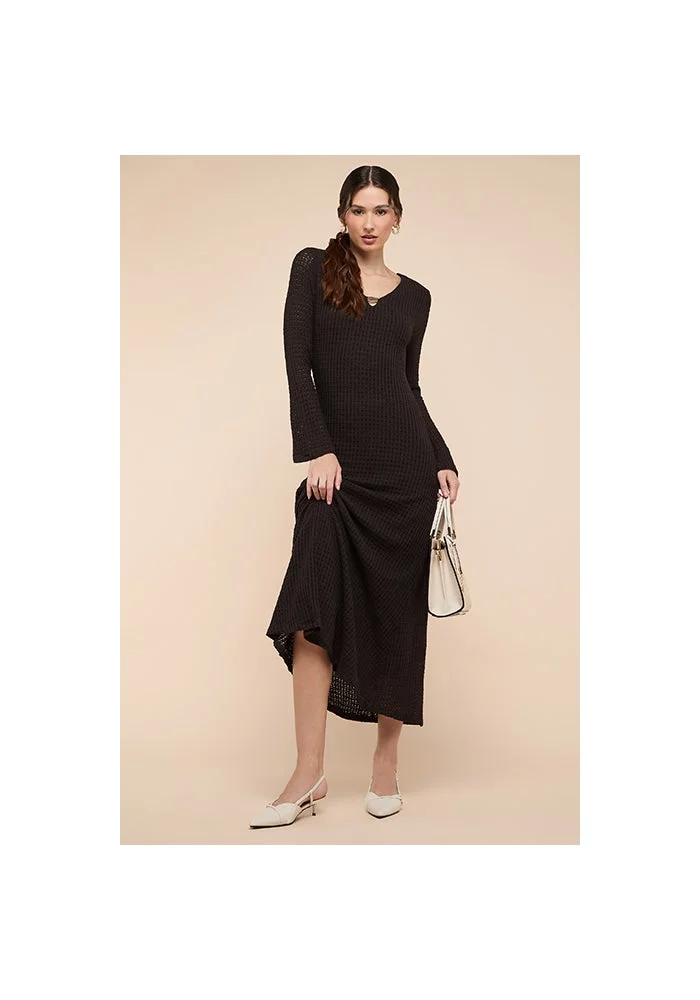 أر أند بي Openwork Midaxi Dress with V-Neck and Flared Sleeves