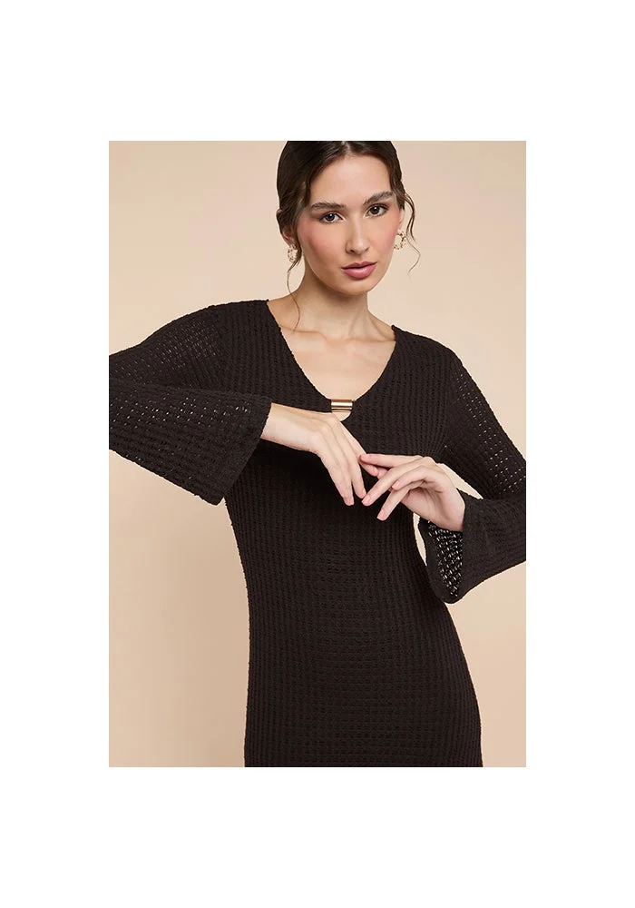 أر أند بي Openwork Midaxi Dress with V-Neck and Flared Sleeves