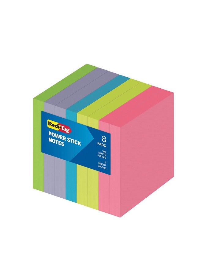 Redi-Tag Sticky Notes, Power Stick Notes, Adhesive Reminders, 3" X 3" Reusable Notes, Strong Adhesive Memos, Assorted Bright Colors, 8 Pack (1000975) - Image 1