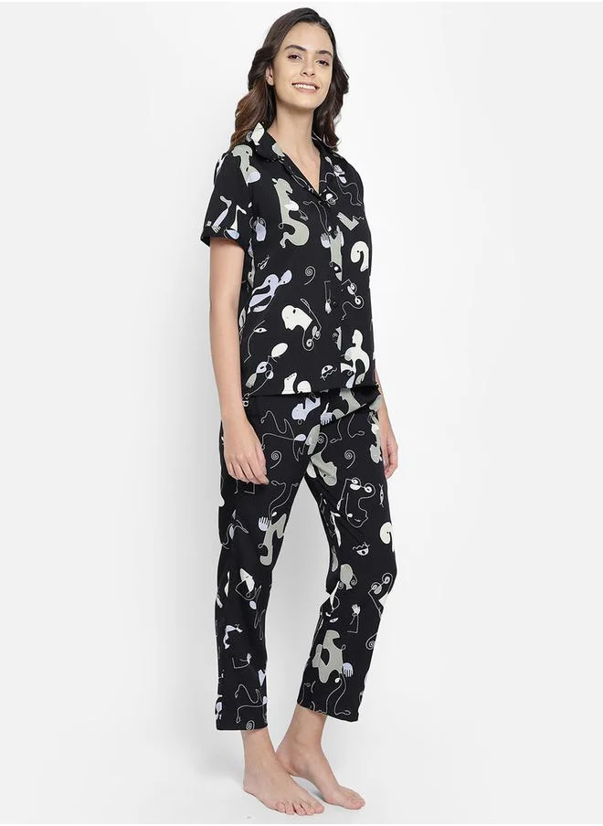 Clovia Women's Abstract Print Button Down Shirt & Black Pyjama Sets by Styli