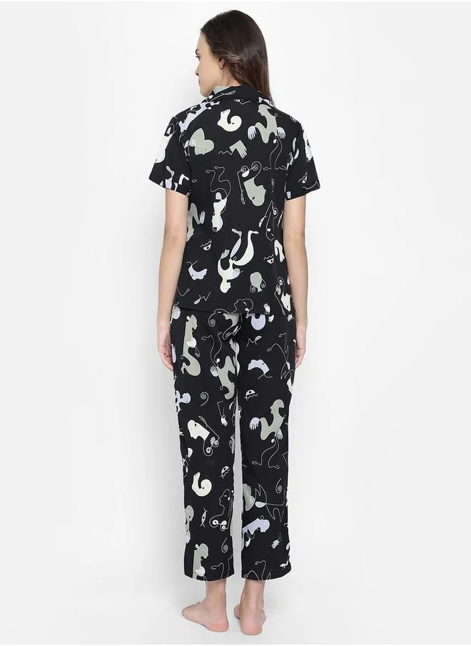 Clovia Women's Abstract Print Button Down Shirt & Black Pyjama Sets by Styli