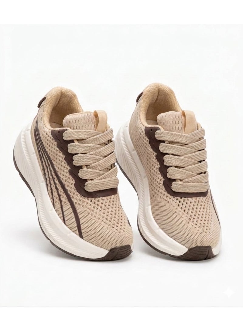 Modern Beige & Brown Sports Shoes with Thick Shock-Absorbing Sole & Breathable Mesh Upper – Comfortable Cream Running Shoes with Brown Waves, High White Wide Sole & Classic Lace-Up Design