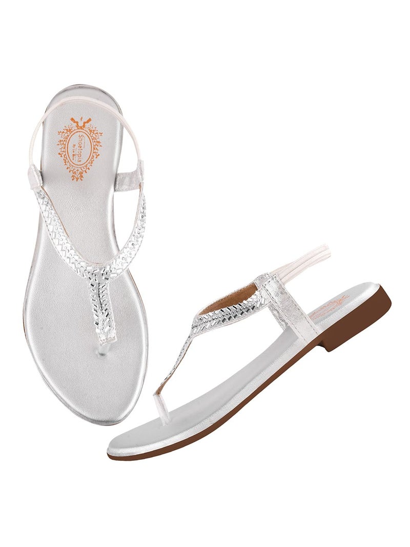Shoetopia Embellished Women's Silver Flat Sandal /EU37 - Image 2