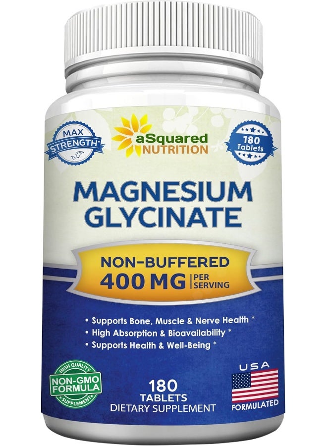 aSquared Nutrition Magnesium Glycinate 400mg - 180 Tablets - Max Strength Magnesium Bisglycinate Supplement - Image 1