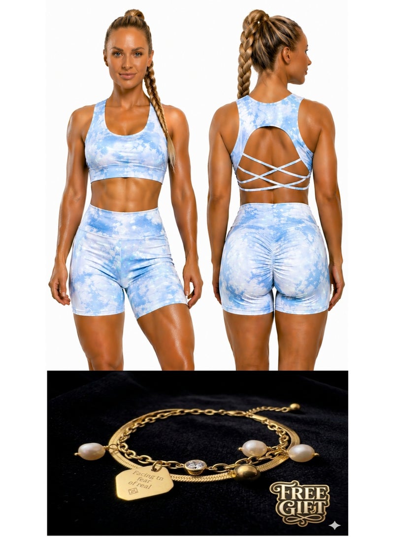 Free Gift Included Women's 2-Piece Tie-Dye Sports Bra and Shorts Set – High-Waist Scrunch - Image 1