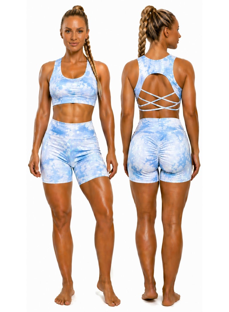 Free Gift Included Women's 2-Piece Tie-Dye Sports Bra and Shorts Set – High-Waist Scrunch - Image 2