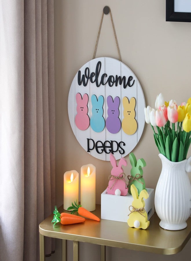 NEWLIGHTURE Easter Welcome Peeps Sign, Happy Easter Bunny Rabbit Door Sign, Spring Door hanger, Rustic Wood Wreath Sign for Easter Spring - Image 4