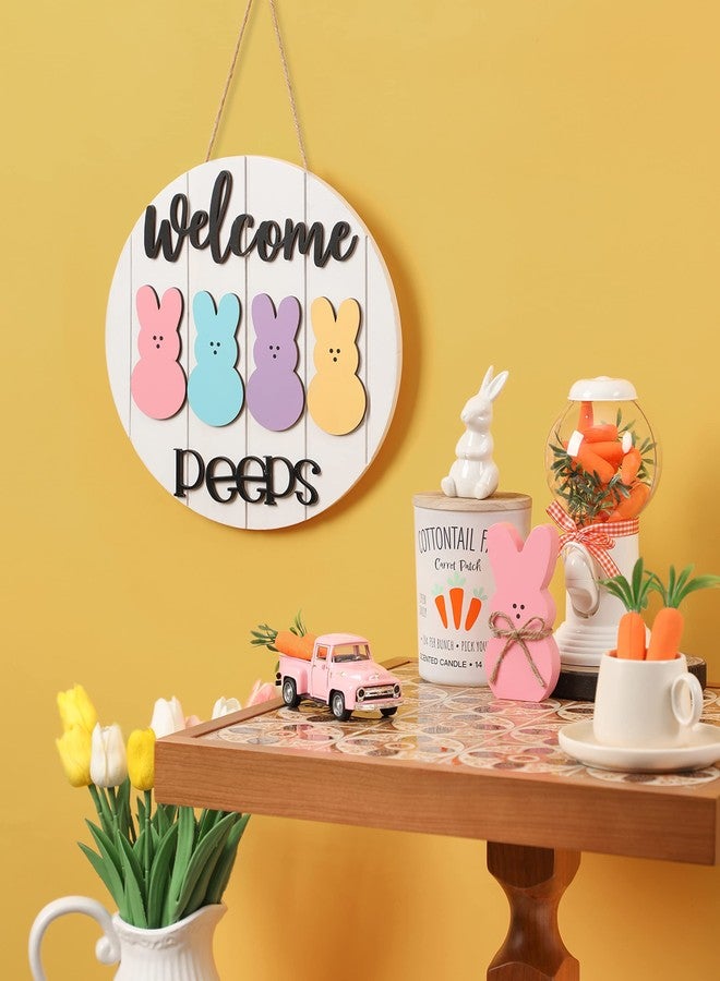 NEWLIGHTURE Easter Welcome Peeps Sign, Happy Easter Bunny Rabbit Door Sign, Spring Door hanger, Rustic Wood Wreath Sign for Easter Spring - Image 5