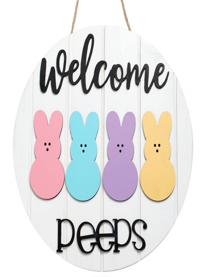 NEWLIGHTURE Easter Welcome Peeps Sign, Happy Easter Bunny Rabbit Door Sign, Spring Door hanger, Rustic Wood Wreath Sign for Easter Spring - Image 1