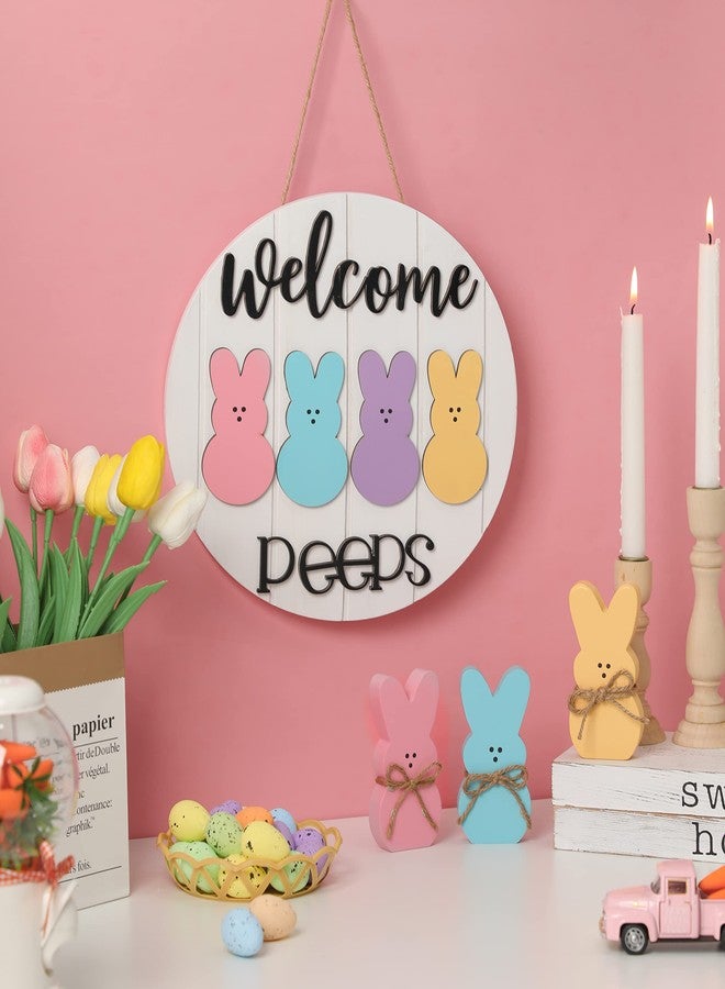 NEWLIGHTURE Easter Welcome Peeps Sign, Happy Easter Bunny Rabbit Door Sign, Spring Door hanger, Rustic Wood Wreath Sign for Easter Spring - Image 2