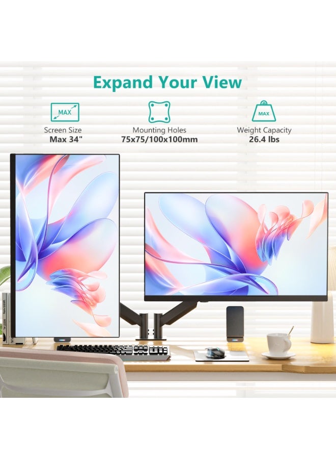 M.A&F's Dual Monitor Stand for Desk, Monitor Arms for 2 Monitors 32 27 24 22 Inches, Height Adjustable Double Monitor Mount, VESA Mount with C-Clamp & Grommet Base, Holds 4.4-17.6lbs - Image 4