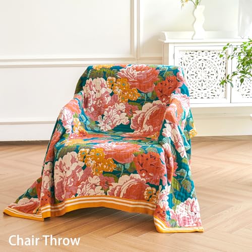VANJOROY Boho Throw Blanket, 100% Organic Cotton Breathable Ultra Soft 60" x 80" Bed Quilt Throw - All Season Floral Rustic Farmhouse Decor Luxury Reversible Blanket for Sofa Couch Chair and Gift - Image 5