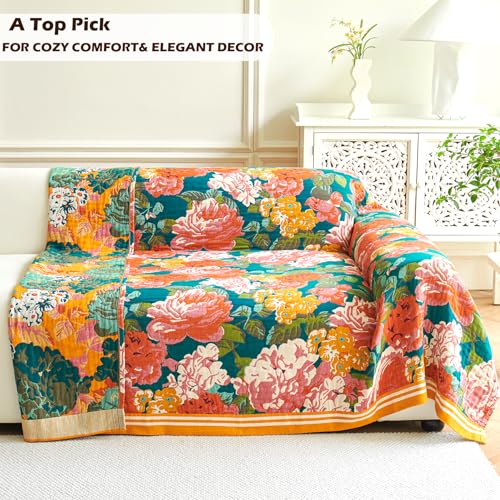 VANJOROY Boho Throw Blanket, 100% Organic Cotton Breathable Ultra Soft 60" x 80" Bed Quilt Throw - All Season Floral Rustic Farmhouse Decor Luxury Reversible Blanket for Sofa Couch Chair and Gift - Image 4