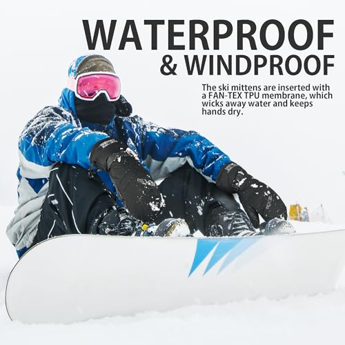 EXski Ski Mittens for Men, Waterproof Warm 3M Thinsulate Winter Snowboard Mitts with Wrist Leashes - Image 2