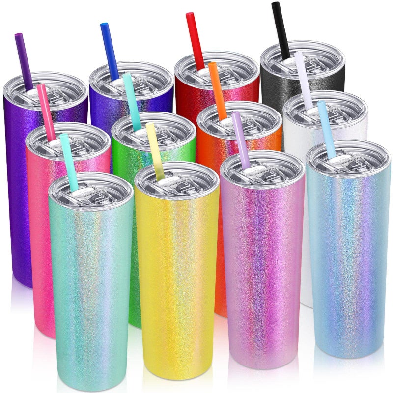 Potchen 12 Packs Glitter Skinny Tumblers with Lids and Straws Bulk 20 oz Stainless Steel Double Wall Vacuum Insulated Cup Coffee Tumbler Travel Water Mug for Hot Cold Drink Rainbow Colors