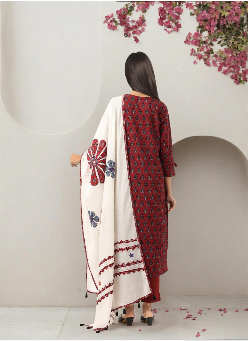 ISHIN Women's Maroon 100% Cotton Embellished Tunic Full Length Casual Straight Fit Kurta Set