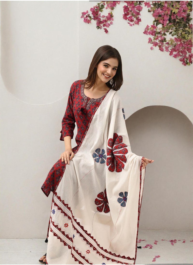 ISHIN Women's Maroon 100% Cotton Embellished Tunic Full Length Casual Straight Fit Kurta Set  - Image 2