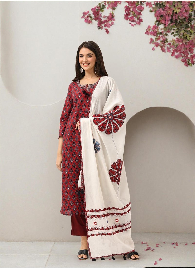 ISHIN Women's Maroon 100% Cotton Embellished Tunic Full Length Casual Straight Fit Kurta Set  - Image 1