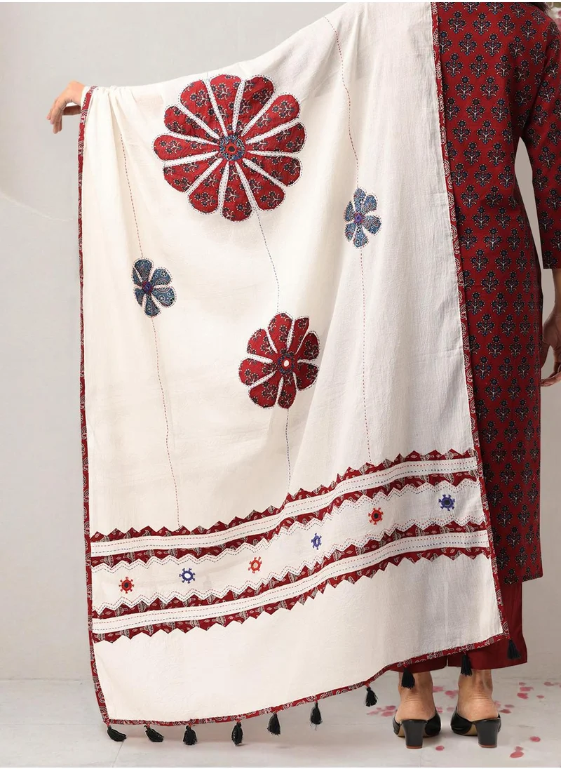 ISHIN Women's Maroon 100% Cotton Embellished Tunic Full Length Casual Straight Fit Kurta Set