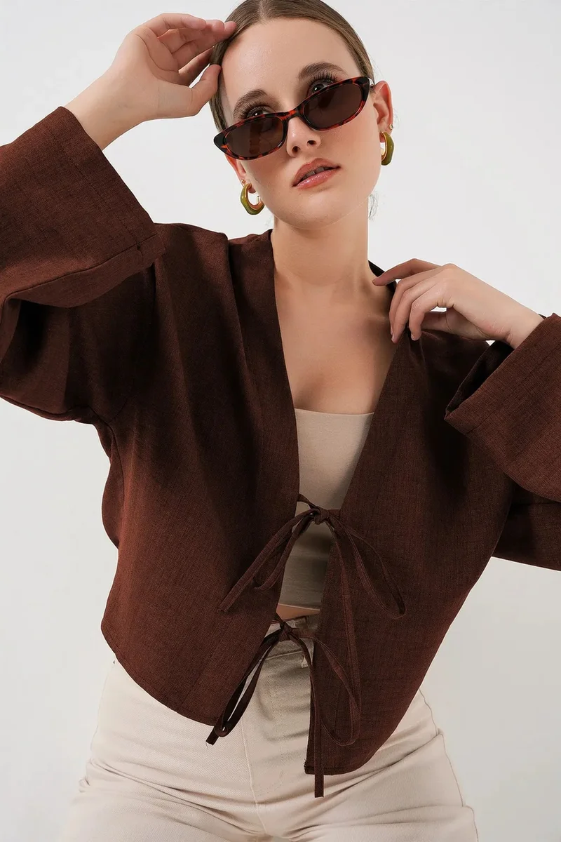 Big Dart BDART Viscose Blend V-Neck Long Sleeve Kimono with Binding Detail