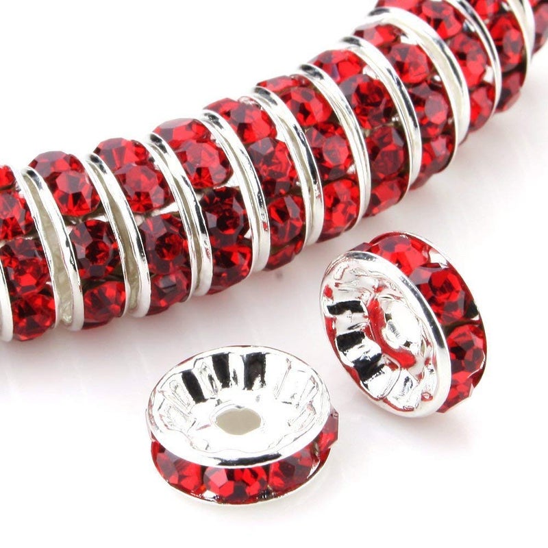 Allb 100Pcs Rondelle Spacer Beads 10mm Silver Plated Czech Crystal Rhinestone for Jewelry Making Loose Beads for Bracelets red