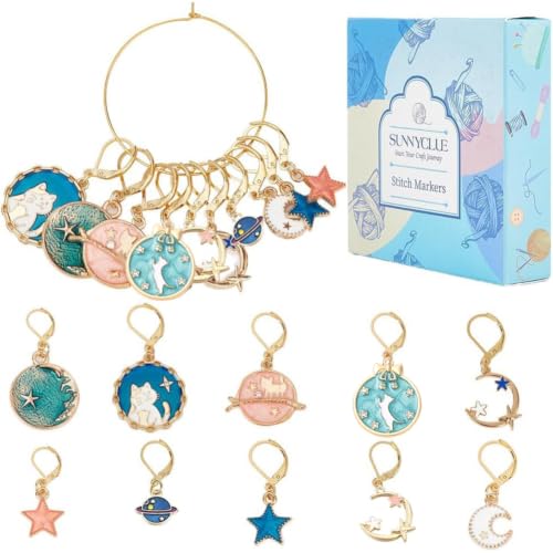 SUNNYCLUE 1 Box 20Pcs Stitch Markers Crochet Stitch Marker Cute Planet Moon Star Enamel Charms Clip On Removable Lobster Clasp Zipper Pull Charm Locking Knitting Markers for Weaving Sewing Quilting - Image 1