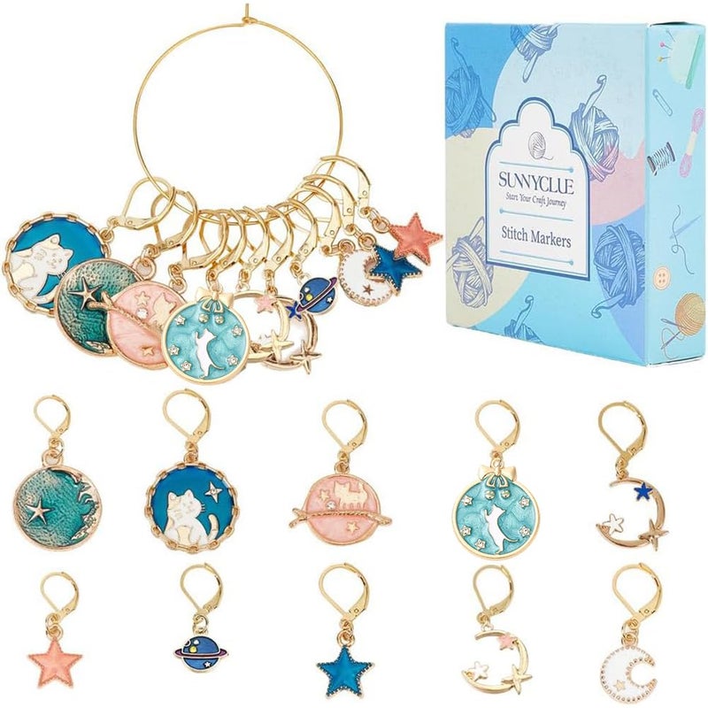 SUNNYCLUE 1 Box 20Pcs Stitch Markers Crochet Stitch Marker Cute Planet Moon Star Enamel Charms Clip On Removable Lobster Clasp Zipper Pull Charm Locking Knitting Markers for Weaving Sewing Quilting - Image 3
