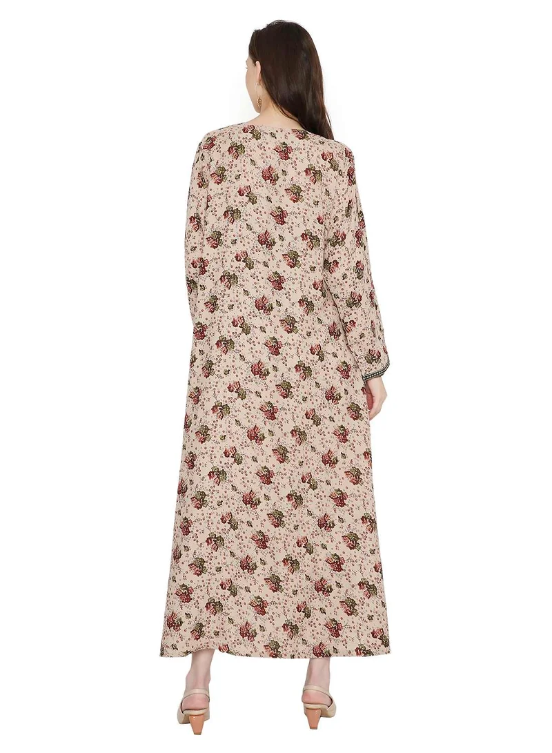 HANA & SARA LONG FLORAL PRINTED WITH SMALL STONE WORK ON EMBROIDERY STYLISH ARABIC  JALABIYA DRESSES