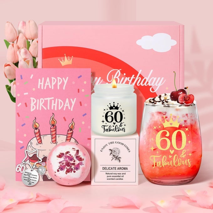60TH BIRTHDAY PAMPER GIFT SET FOR WOMEN PERSONALISED GLASS WINE GLASS GIN GIFT BOX FOR RETIREMENT FOR MUM GRANDMA SISTER BEST FRIENDS