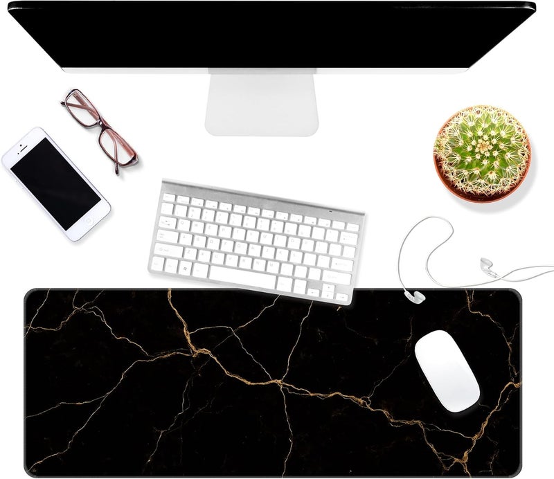 Dynippy Thin Extended Gaming Mouse Pad （31.5 * 11.8 * 0.08 inch） with Stitched Edges Large Mousepad Long XXL Keyboard and Mouse pad Desk Mat for Gaming Office & Home - Black Gold Marble - Image 3