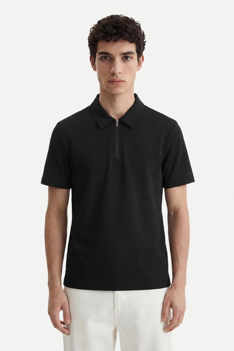 سنيتش Black Textured Half Sleeve Slim Fit Casual T-Shirt