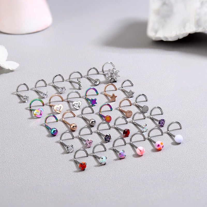 MILACOLATO 30Pcs Nose Rings Studs for Women Men 316L Stainless Steel Nose Piercings Jewelry 18G 20G Straight L Shaped Corkscrew Nose Rings Cubic Zirconia Created-Opal Nose Studs Hypoallergenic S 20G - Image 5