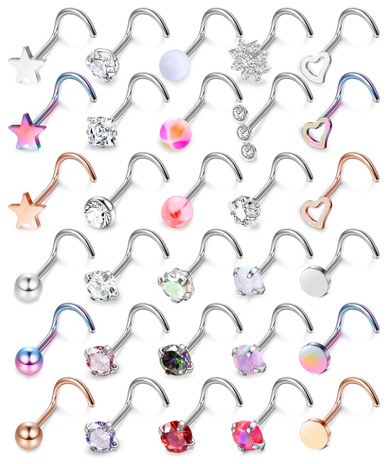 MILACOLATO 30Pcs Nose Rings Studs for Women Men 316L Stainless Steel Nose Piercings Jewelry 18G 20G Straight L Shaped Corkscrew Nose Rings Cubic Zirconia Created-Opal Nose Studs Hypoallergenic S 20G - Image 1