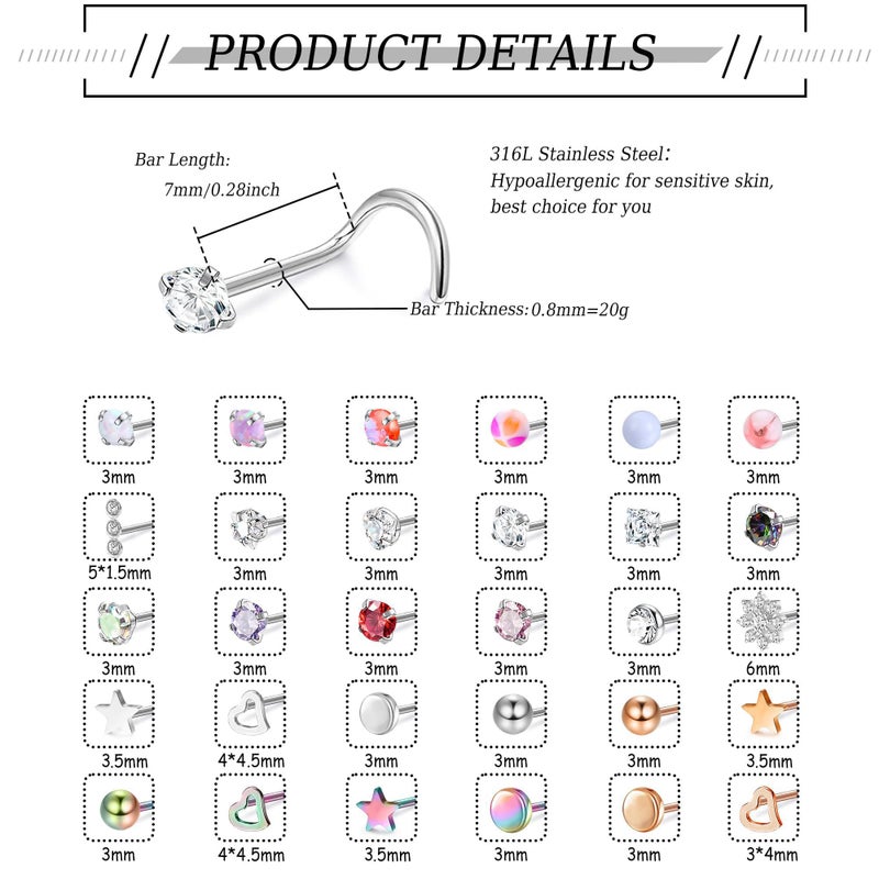 MILACOLATO 30Pcs Nose Rings Studs for Women Men 316L Stainless Steel Nose Piercings Jewelry 18G 20G Straight L Shaped Corkscrew Nose Rings Cubic Zirconia Created-Opal Nose Studs Hypoallergenic S 20G - Image 2