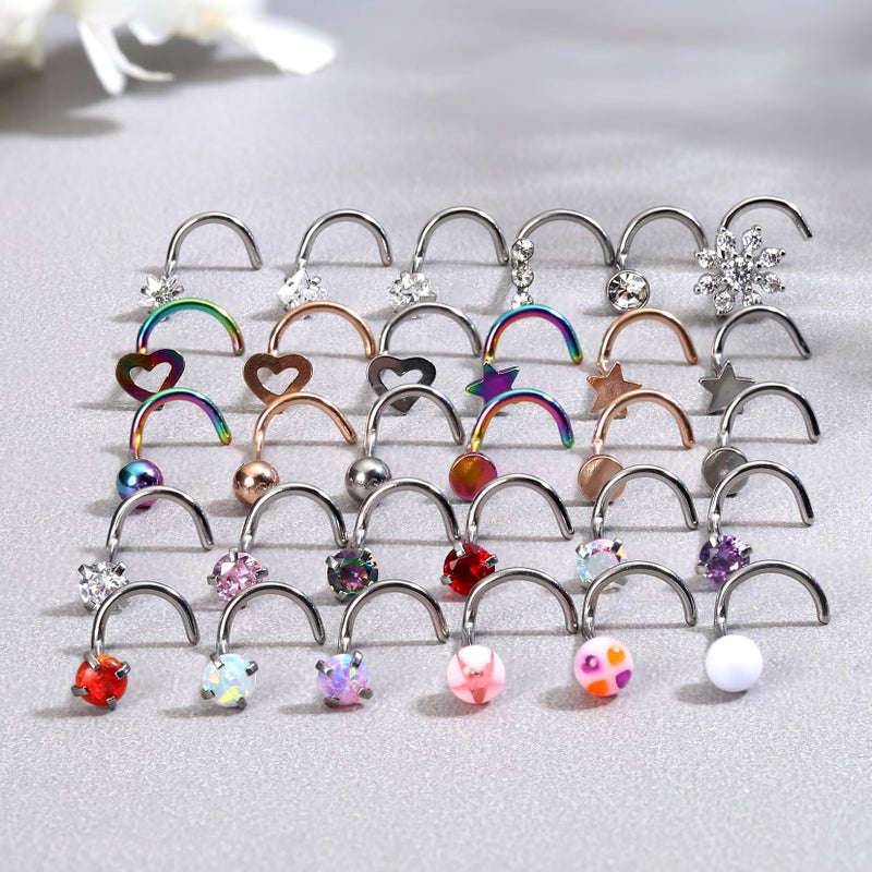 MILACOLATO 30Pcs Nose Rings Studs for Women Men 316L Stainless Steel Nose Piercings Jewelry 18G 20G Straight L Shaped Corkscrew Nose Rings Cubic Zirconia Created-Opal Nose Studs Hypoallergenic S 20G - Image 4