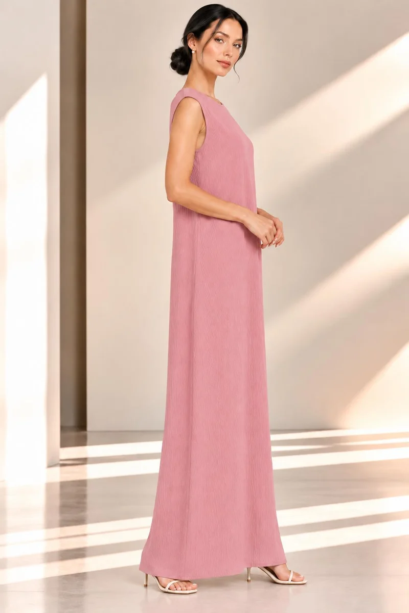 Nikias Nikias Dusty Pink Sleeveless Maxi Inner Dress for Women – Straight Cut, Round Neck