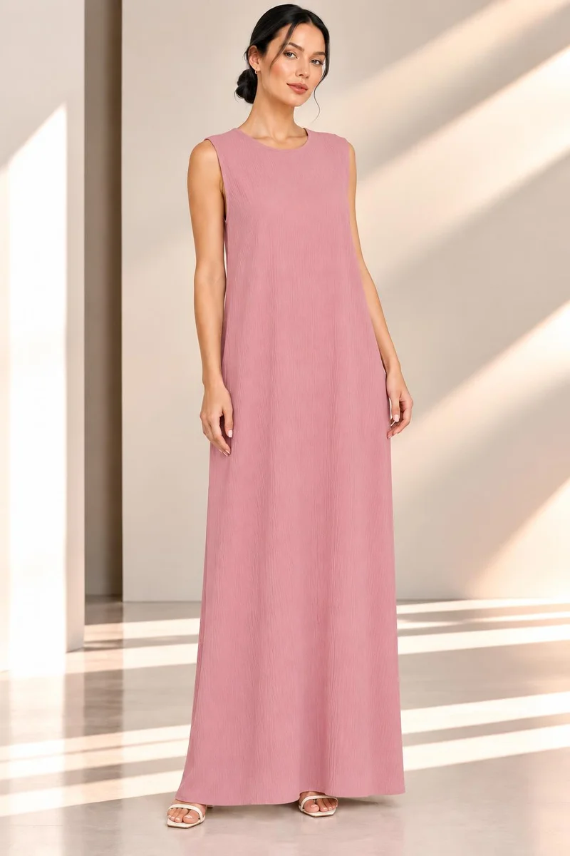 Nikias Nikias Dusty Pink Sleeveless Maxi Inner Dress for Women – Straight Cut, Round Neck