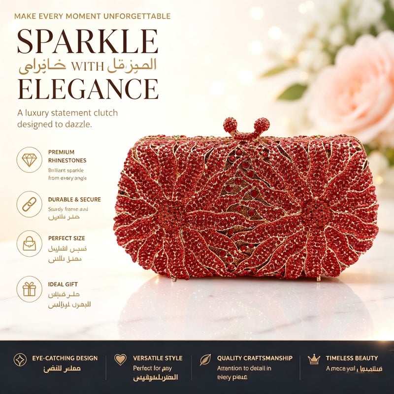 Floral Crystal Rhinestone Evening Clutch Bag, Bow Metal Frame Formal Party Handbag Women Wedding Dinner Purse - Image 5