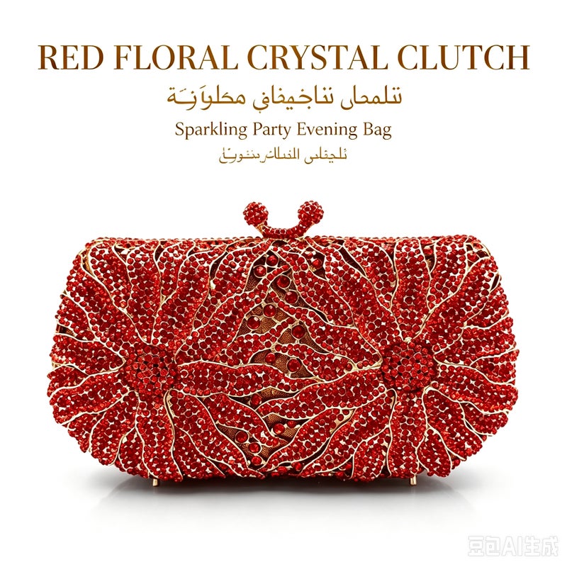 Floral Crystal Rhinestone Evening Clutch Bag, Bow Metal Frame Formal Party Handbag Women Wedding Dinner Purse - Image 1