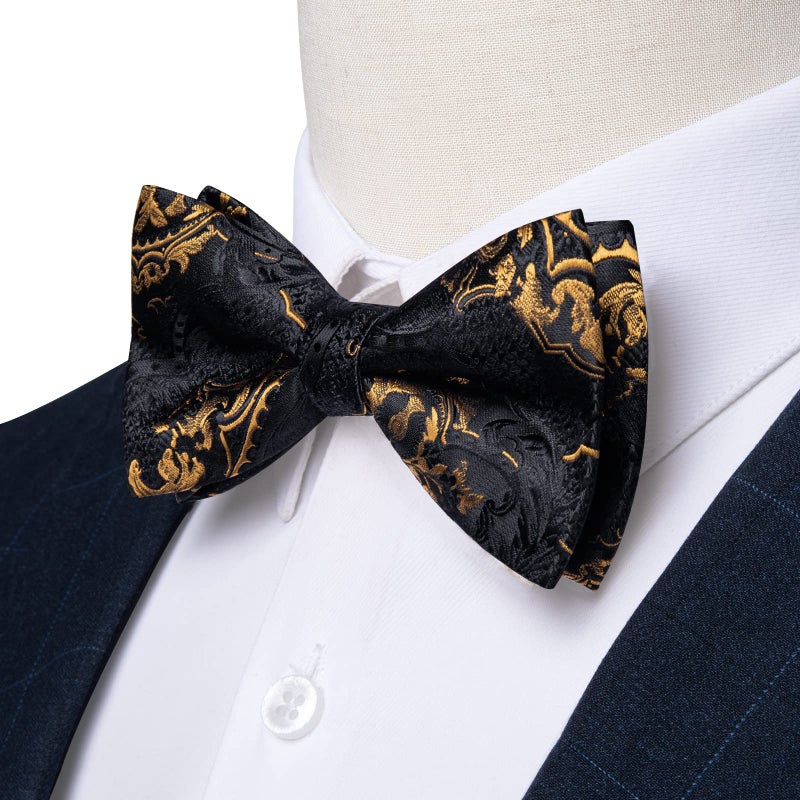DiBanGu Men's Adjustable Black Gold Bow Tie and Handkerchief Cufflinks Set Silk Jacquard Pretied Bow Tie Set Prom - Image 4