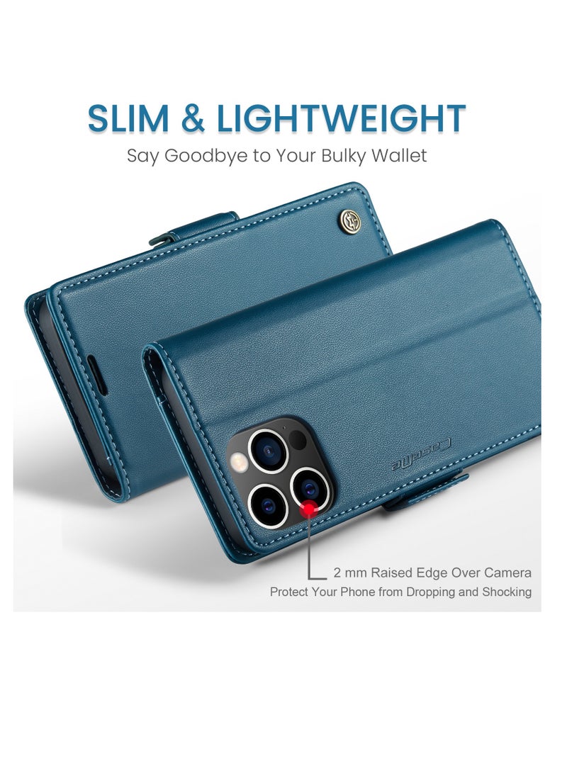 كيس مي جراب فليب جلد مضاد للصدمات مع حافظة كروت متوافق مع هاتف ابل ايفون 13 برو ماكس (ازرق) - Image 4