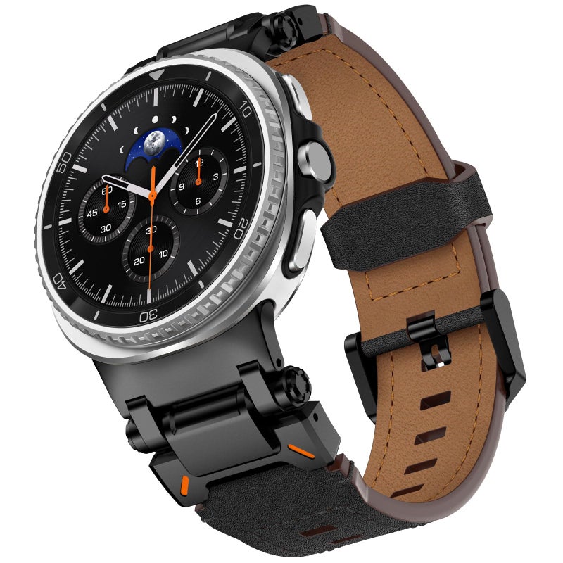 WINGLE Leather Band for Galaxy Watch 88 Classic Band Samsung Galaxy Watch 8 Bands Men 46mm 44mm 40mm Rugged Top Grain Genuine Leather Strap Metal Connector Armor Classy Casual Business Bands Black - Image 2
