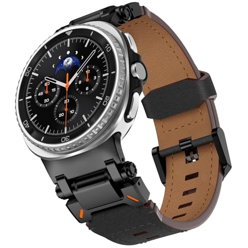 WINGLE Leather Band for Galaxy Watch 88 Classic Band Samsung Galaxy Watch 8 Bands Men 46mm 44mm 40mm Rugged Top Grain Genuine Leather Strap Metal Connector Armor Classy Casual Business Bands Black - Image 1