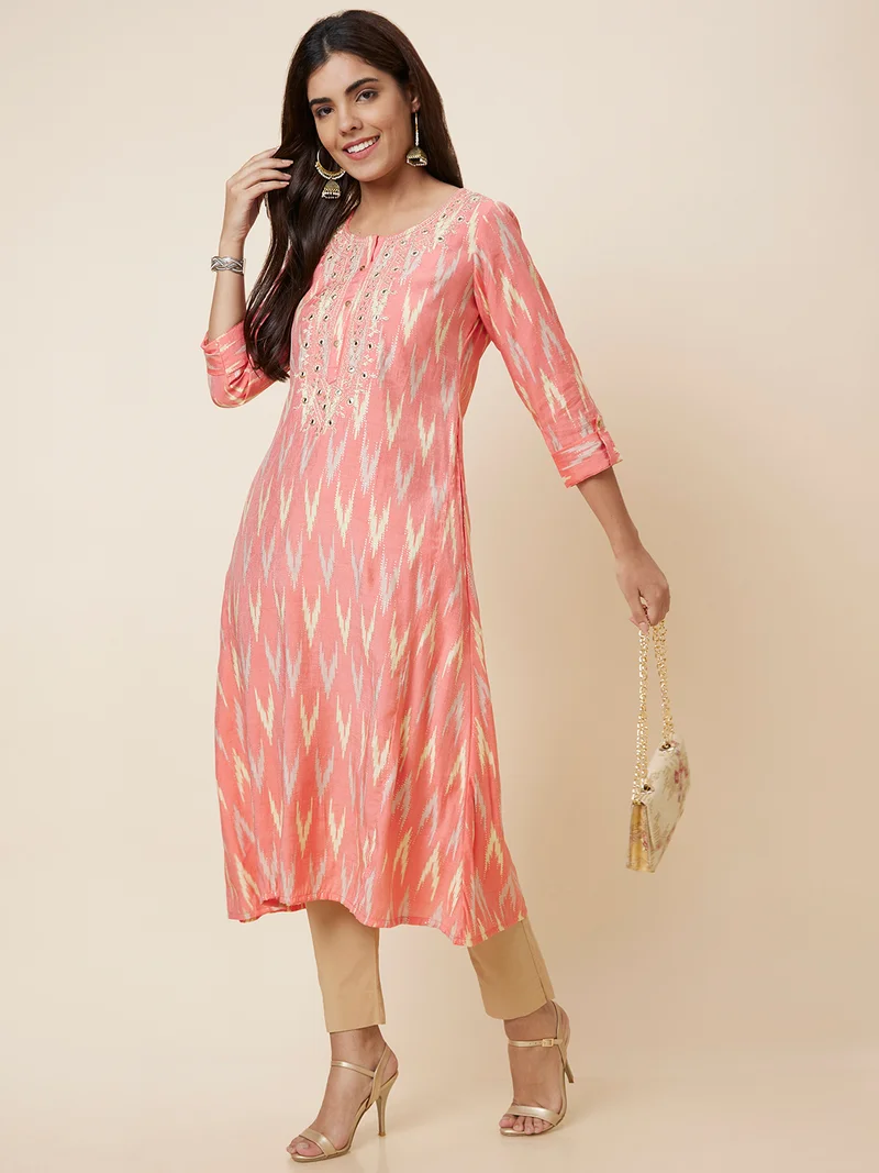 Women Peach-Color & Beige Abstract Printed Mirror Work A-Line Kurta