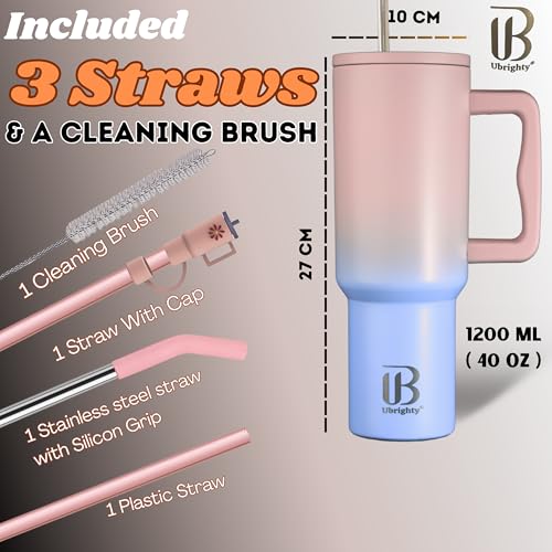 Ubrighty 1200ML Tumbler with Lid and Straw | One Ps, Stainless Steel Water Tumbler Sipper Insulated Hot and Cold with Handle Leak Proof Mug Cupholder for Gym Office Travelling (Cotton Candy Haze) - Image 3
